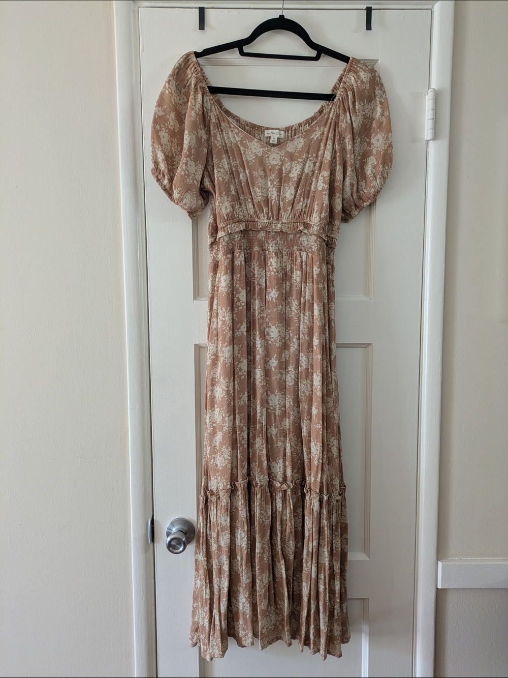 Smocked Waist Floral Maxi Dress in Beige Floral